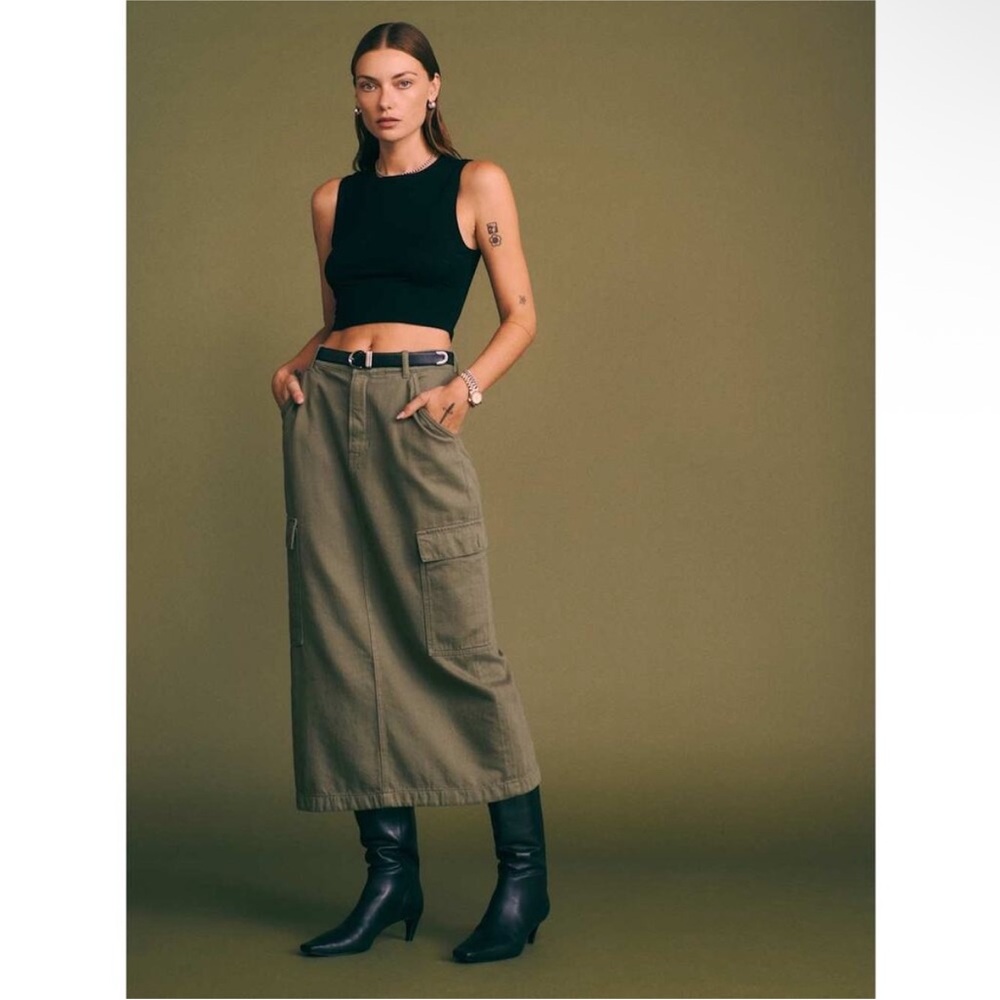 Reformation Army Green Denim Skirt